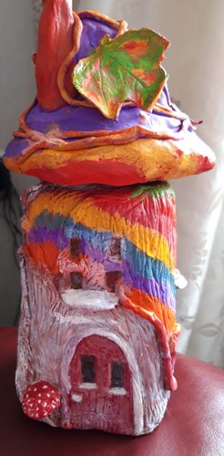 Carol W, Fairy House, coffee jar and polymer clay.